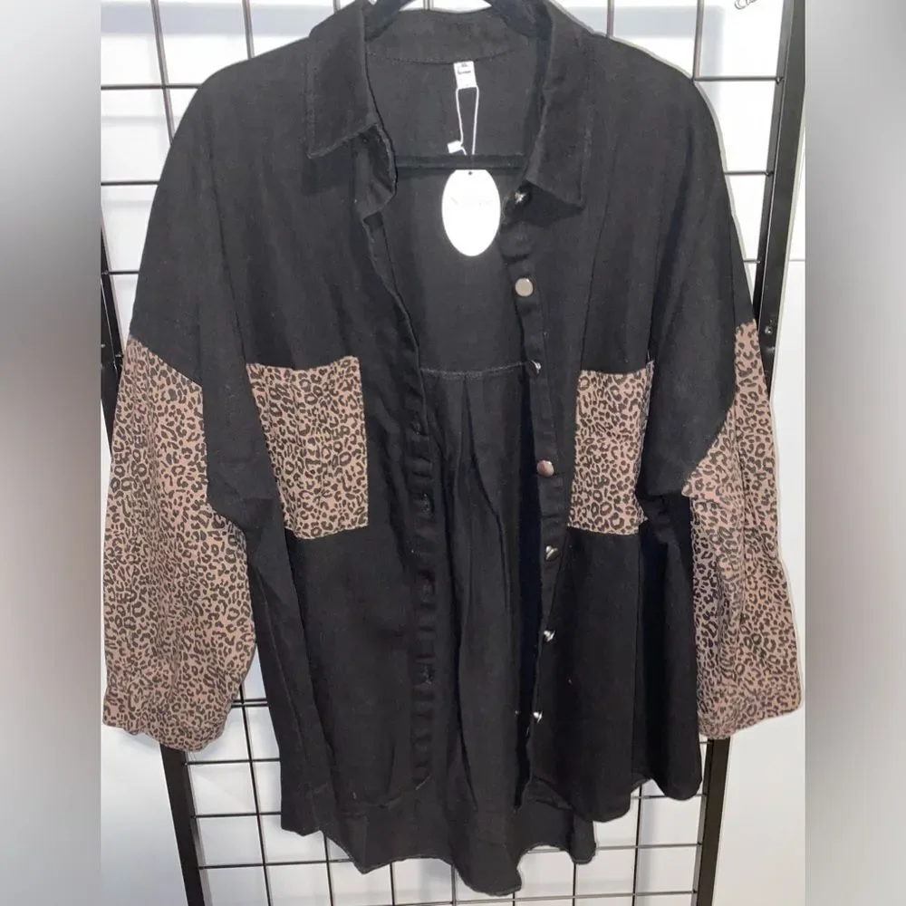 Naggoo black and leopard oversized denim shacket NWT